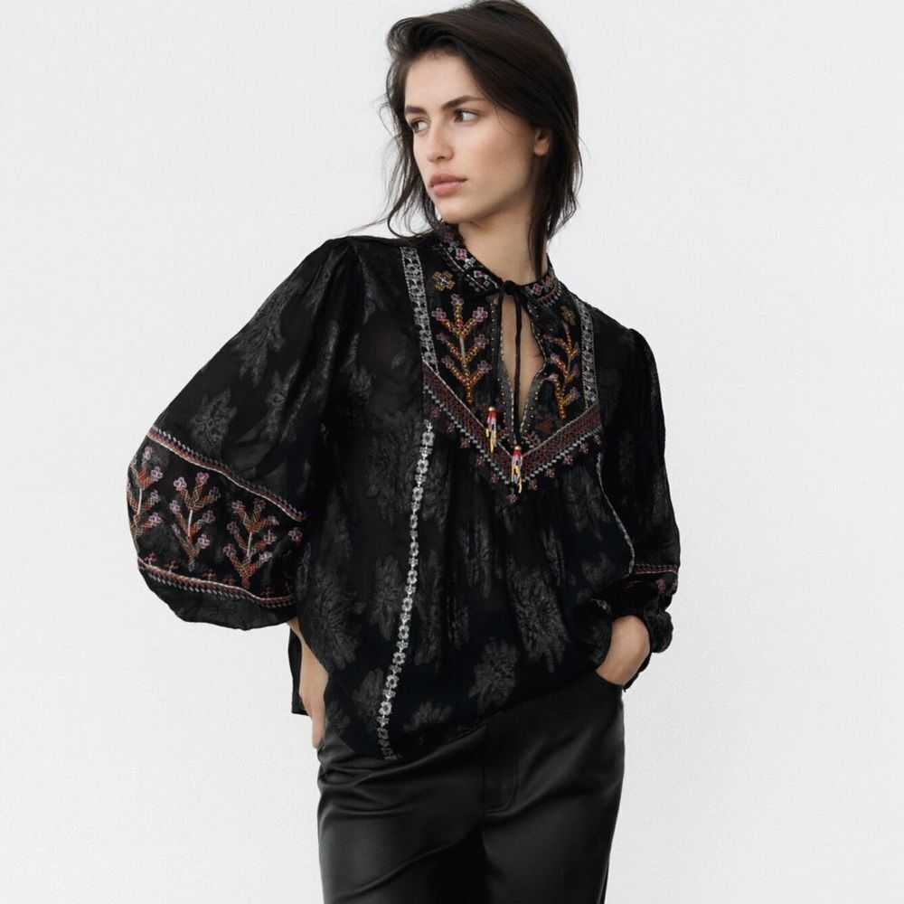 ZARA EMBROIDERED JACQUARD BLOUSE